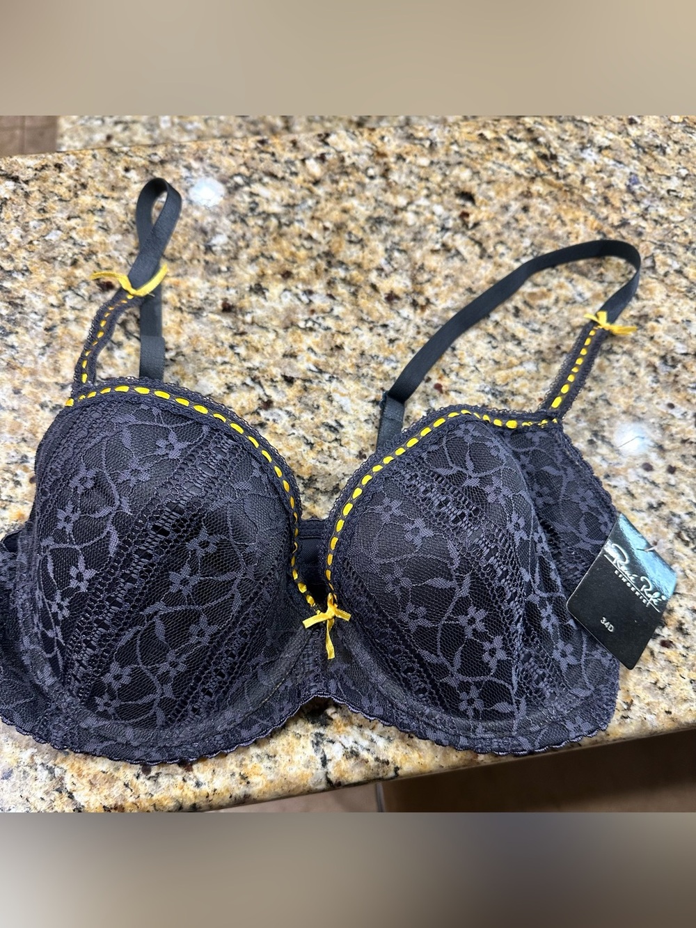Rene Rofe Black Lace Bra with Yellow Accents